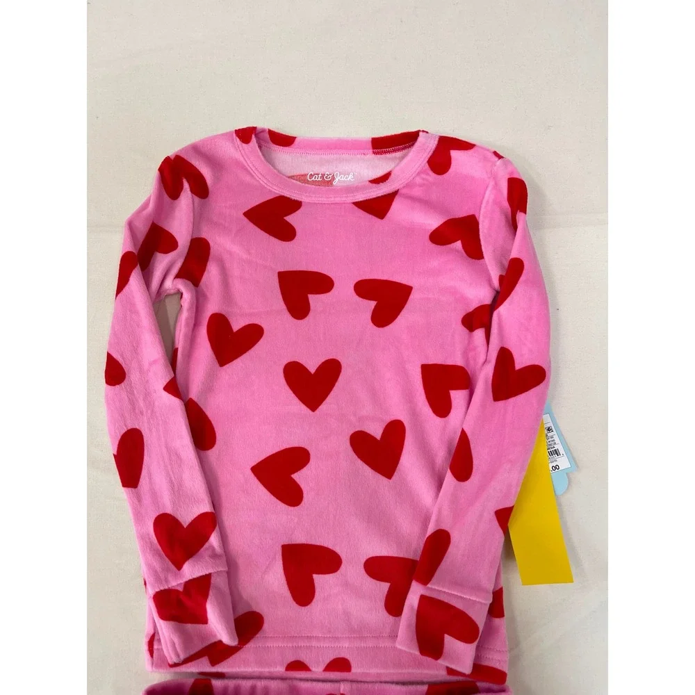 Cat & Jack Girls Pink & Red Heart Print 2-Piece Pajama Set Size 4